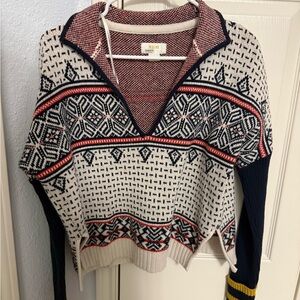 Anthropologie Geometric V-Neck Sweater - Navy and Cream